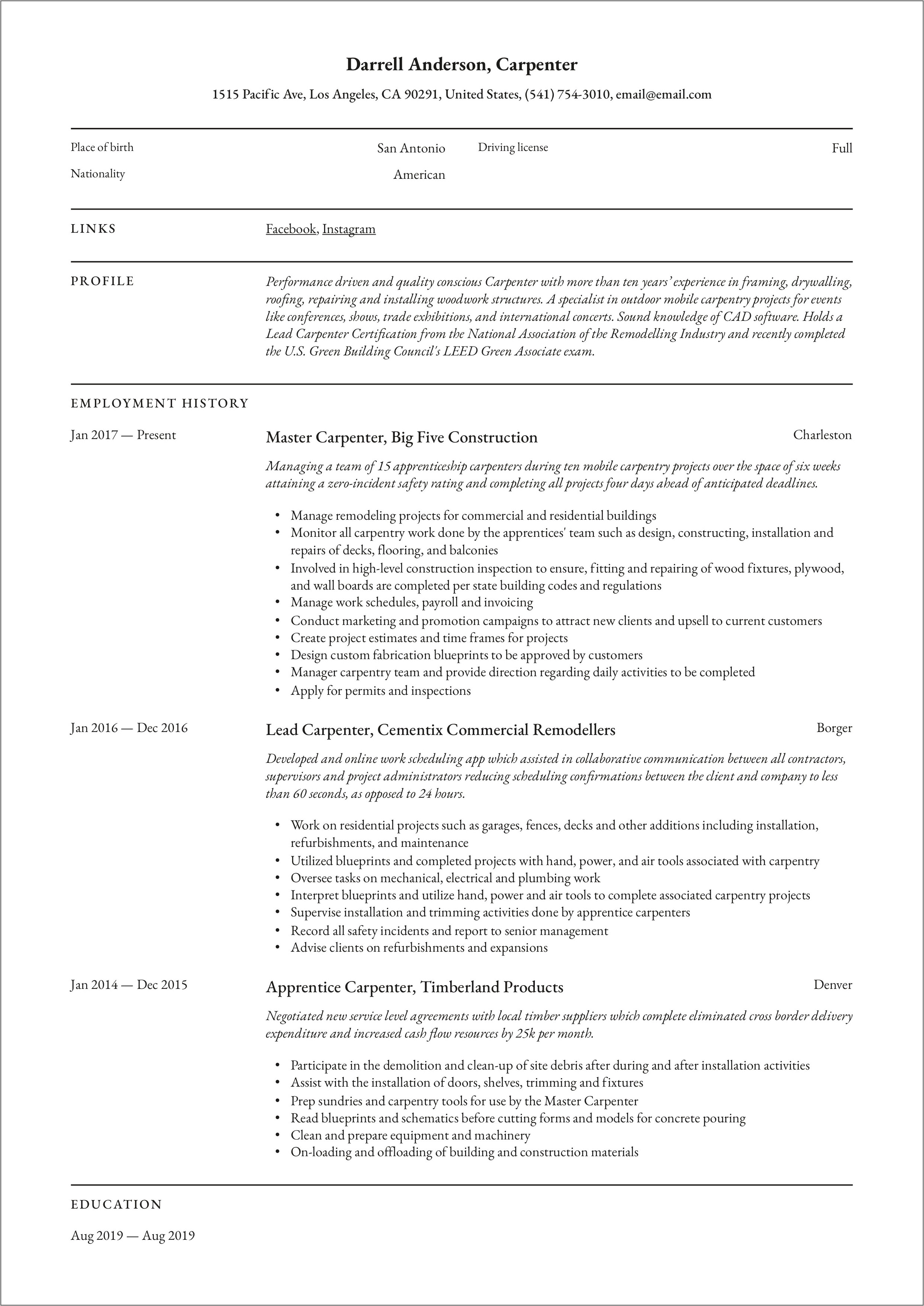 Example Of Resume For Carpenter