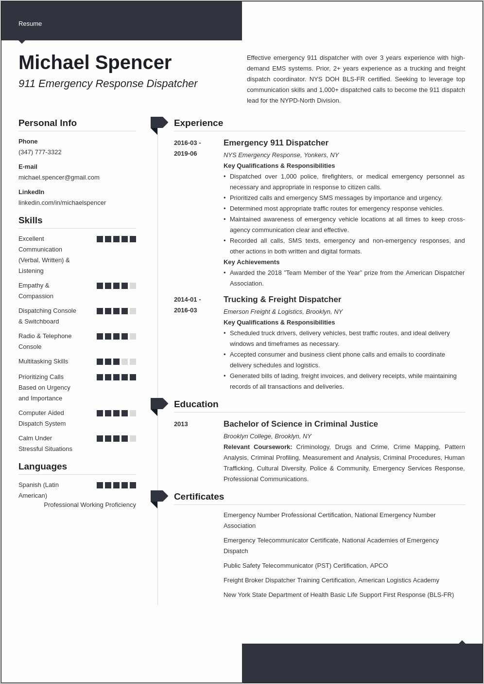 Example Of Resume For Dispatcher