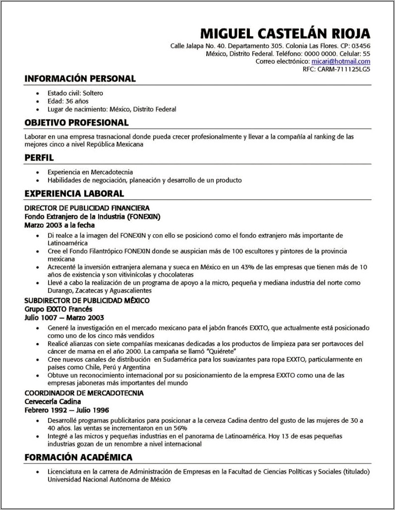 Example Of Resume In Spanish