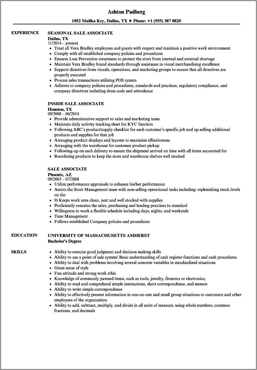 Example Of Sale Associate Resume