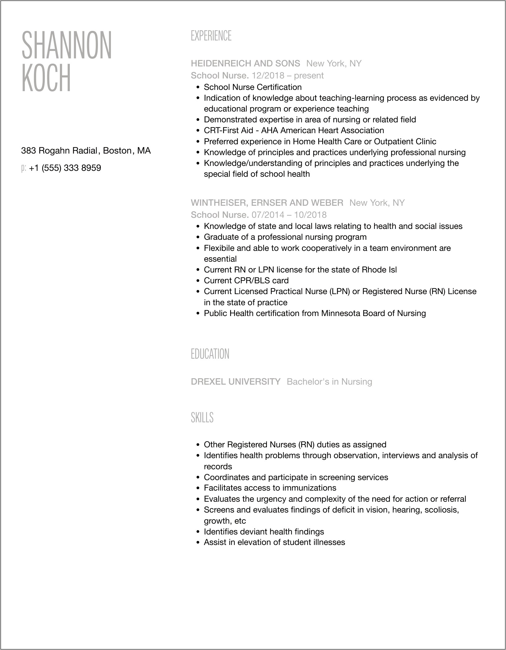 Example Of School Nurse Resume