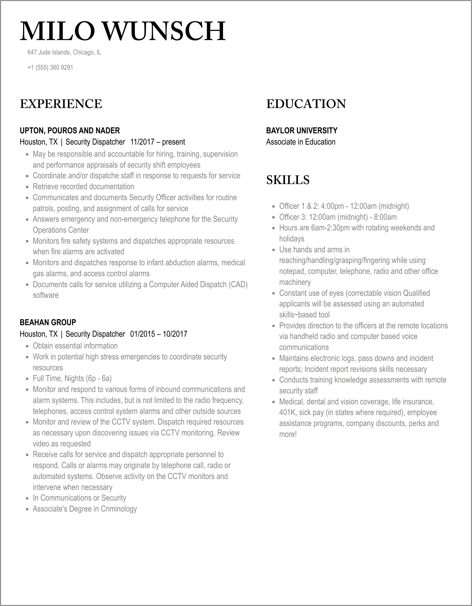 Example Of Security Dispatch Resume