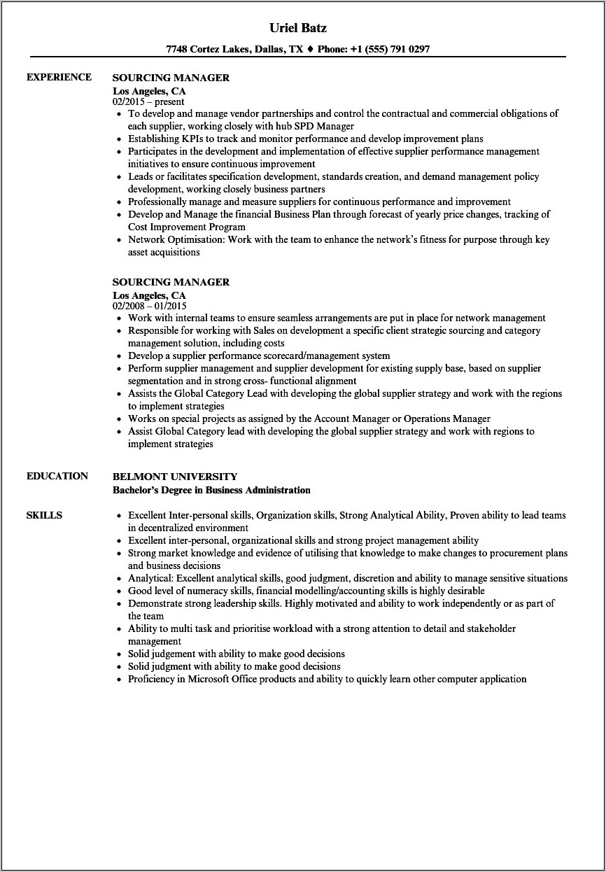 Example Of Sourcing Specialist Resume