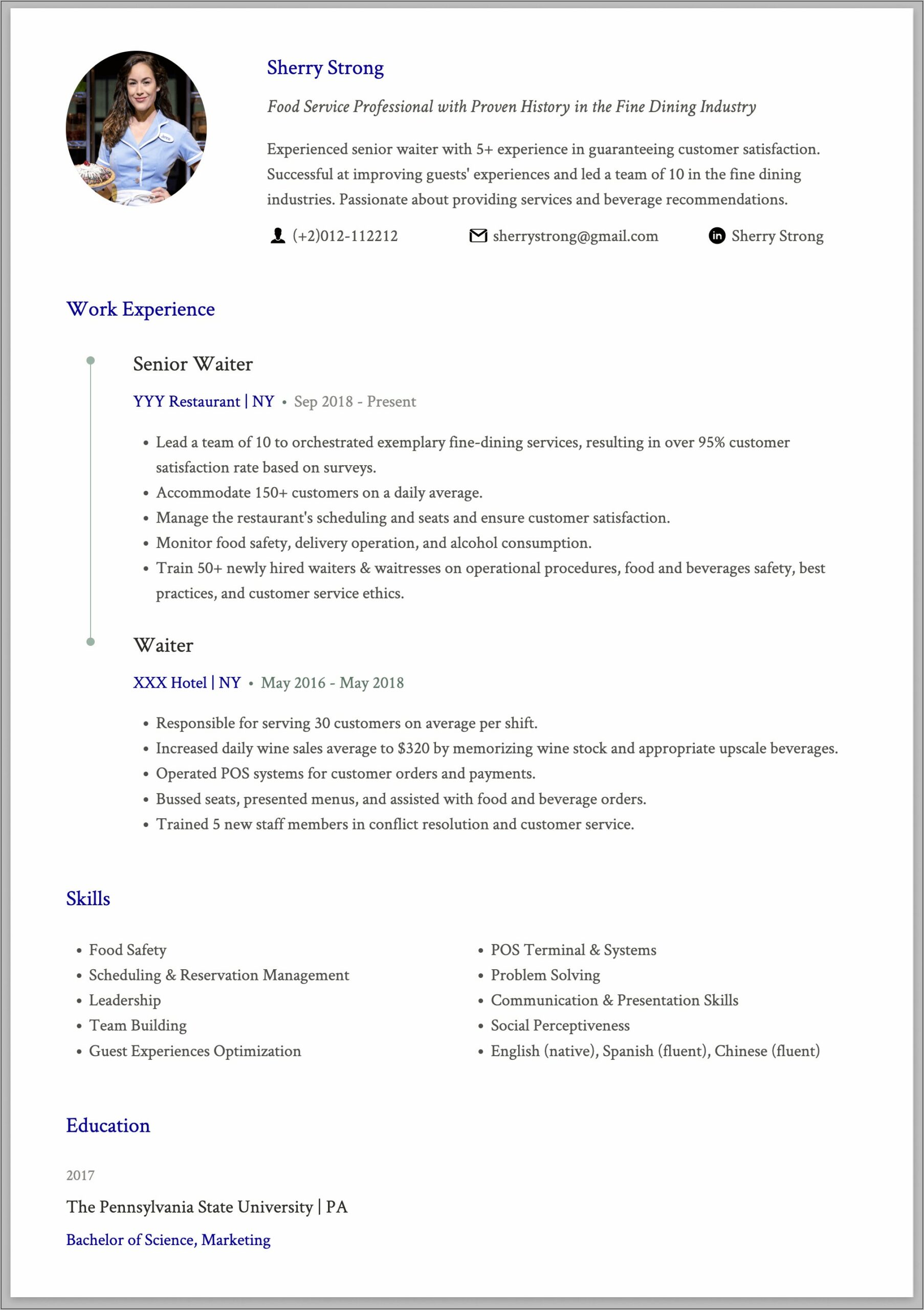 Example Of Waitress Resume Objective