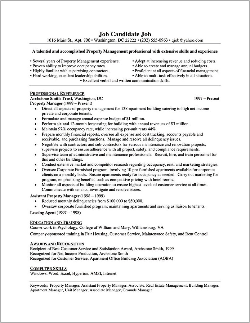 Example Resume Assistant Property Mgr