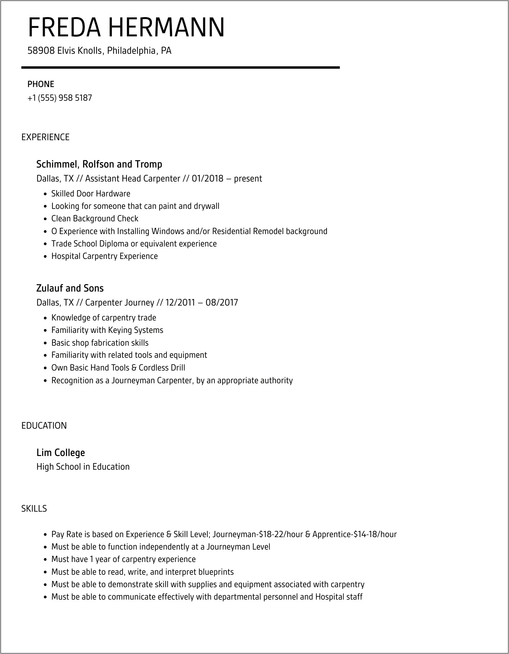 Example Resume For Apprentice Carpenter