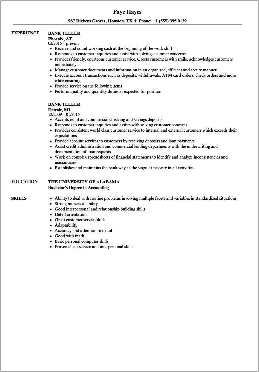 Example Resume For Bank Jobs