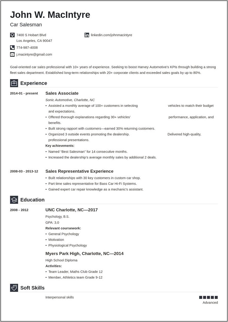 Example Resume For Car Salesman