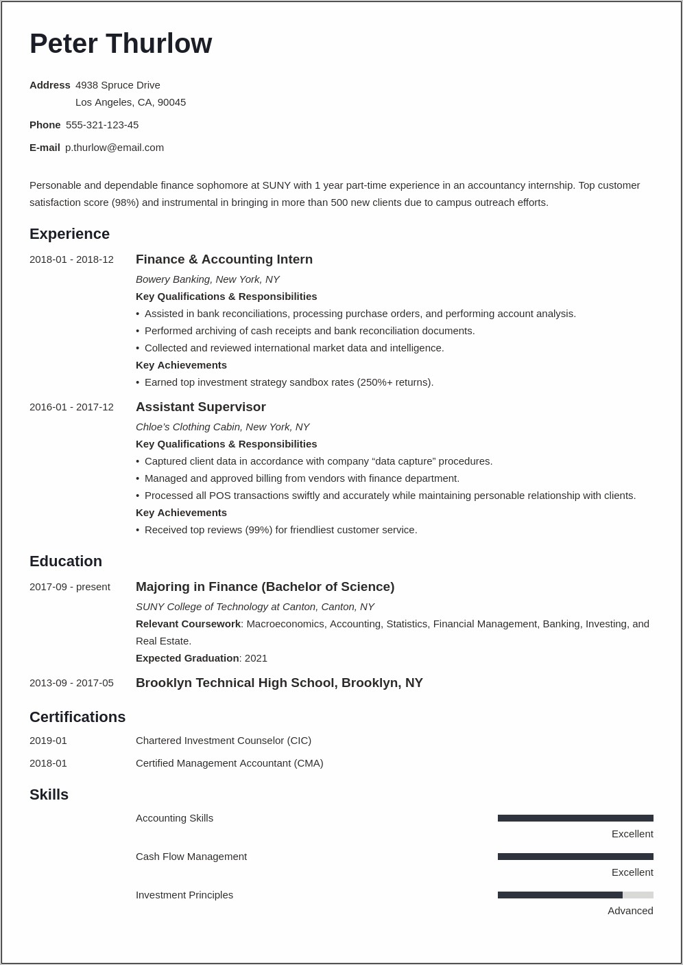 Example Resume For College Intern