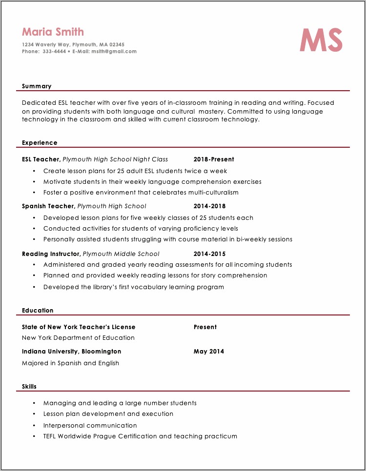 Example Resume For Esl Learners