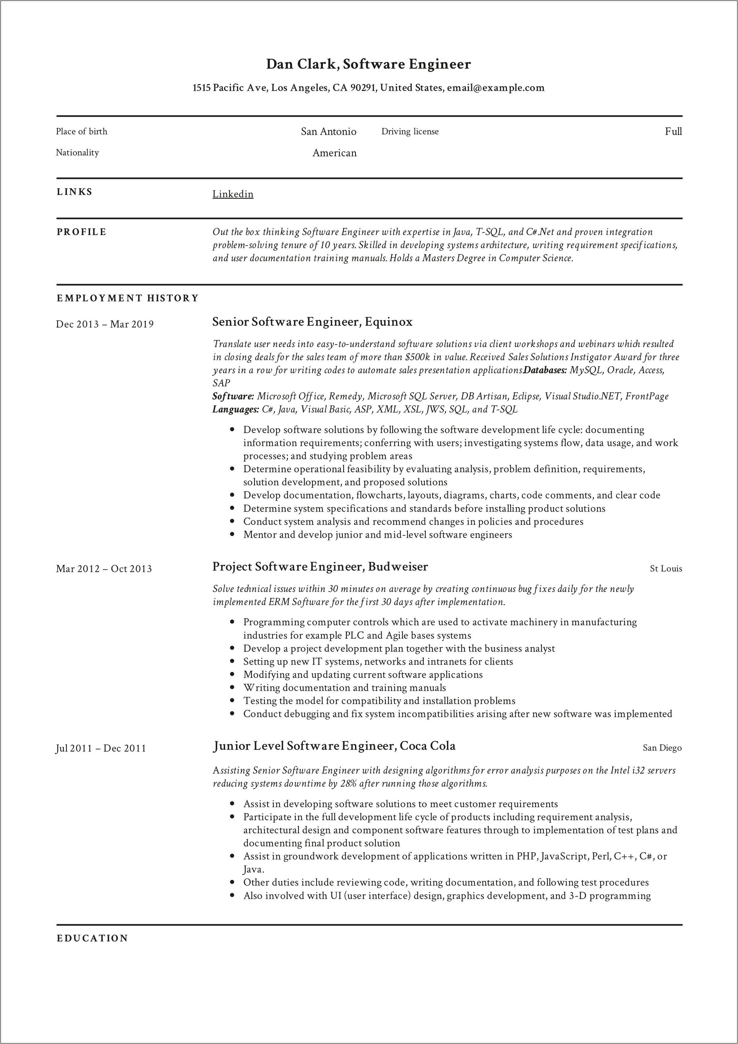 Example Resume For Experienced Engineer