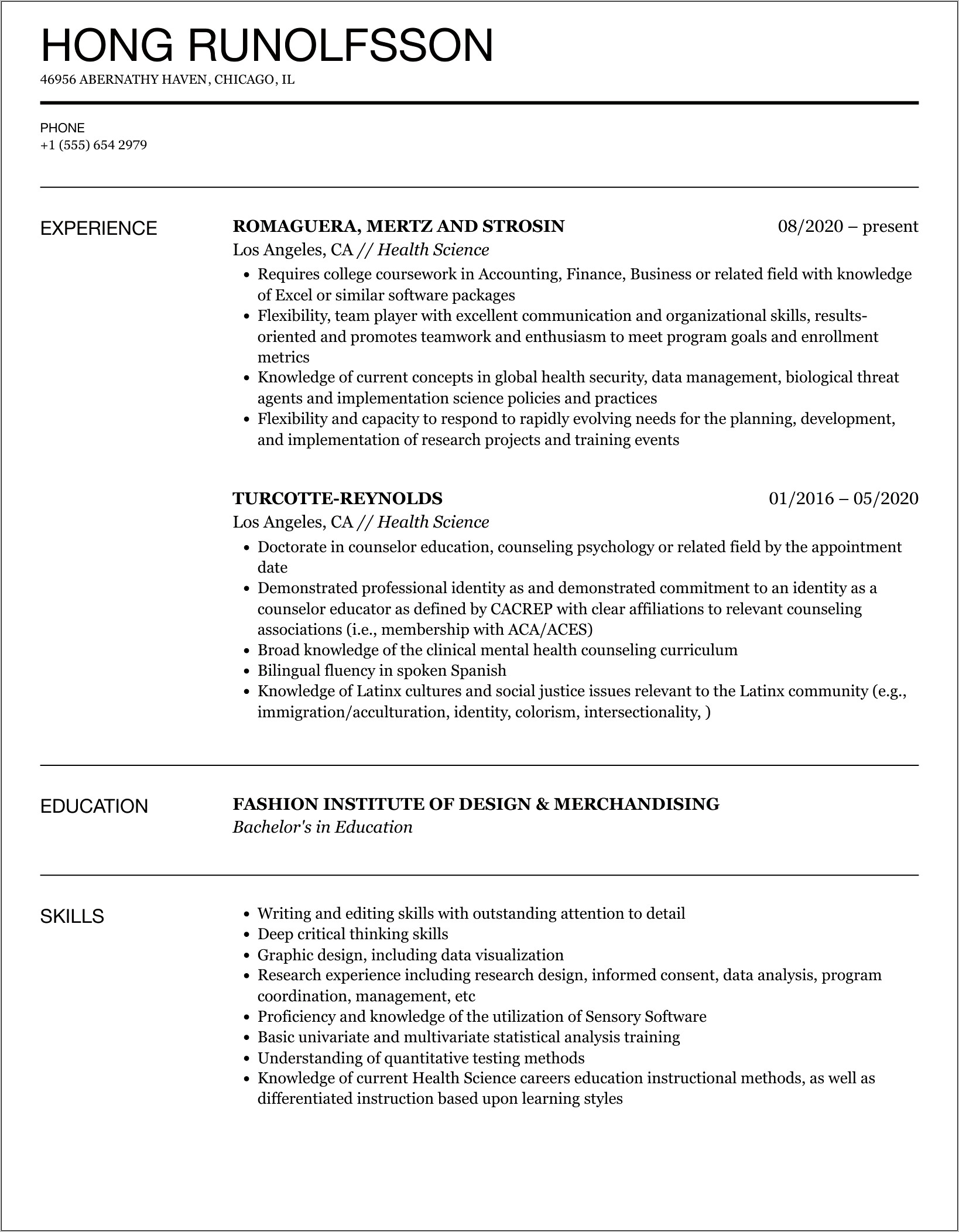 Example Resume For Health Sciences