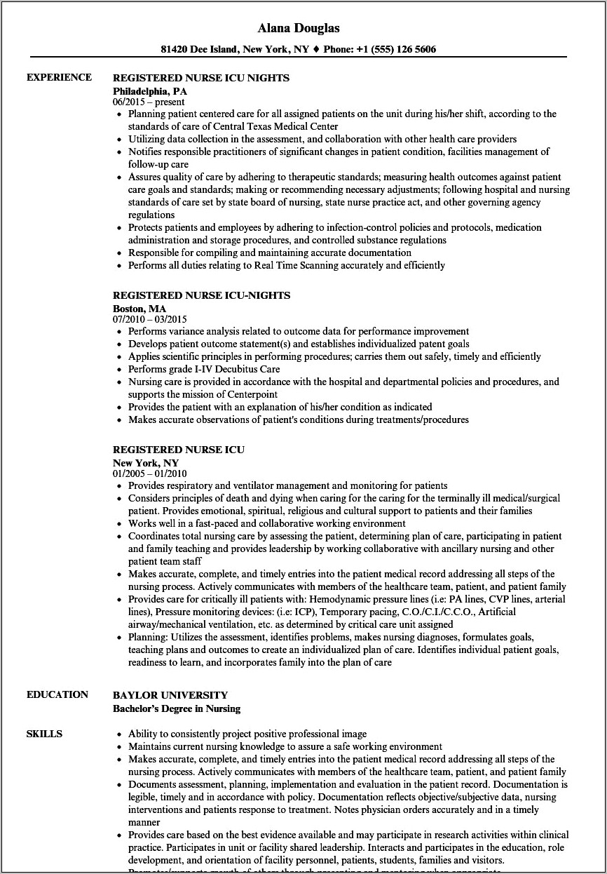 Example Resume For Icu Nurse