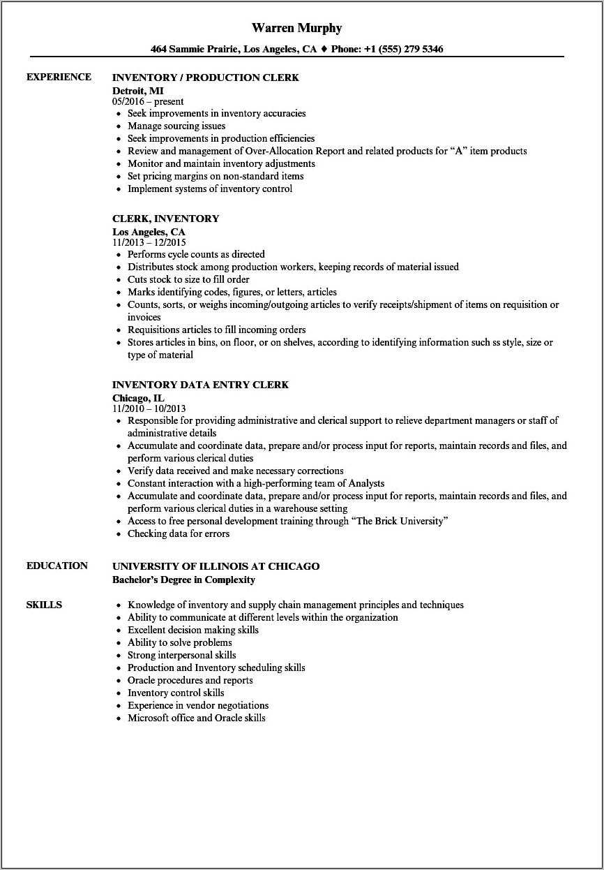 Example Resume For Inventory Clerk