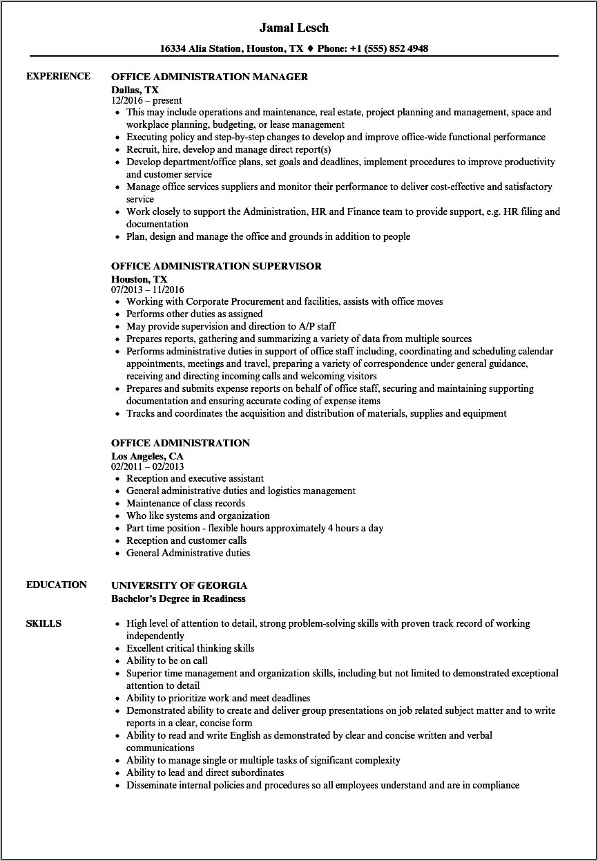 Example Resume For Office Administrator
