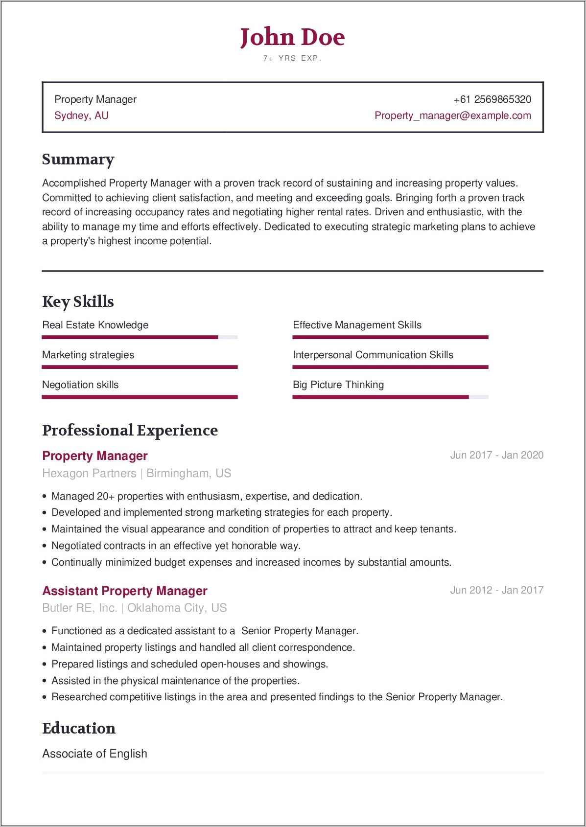 Example Resume For Property Manager