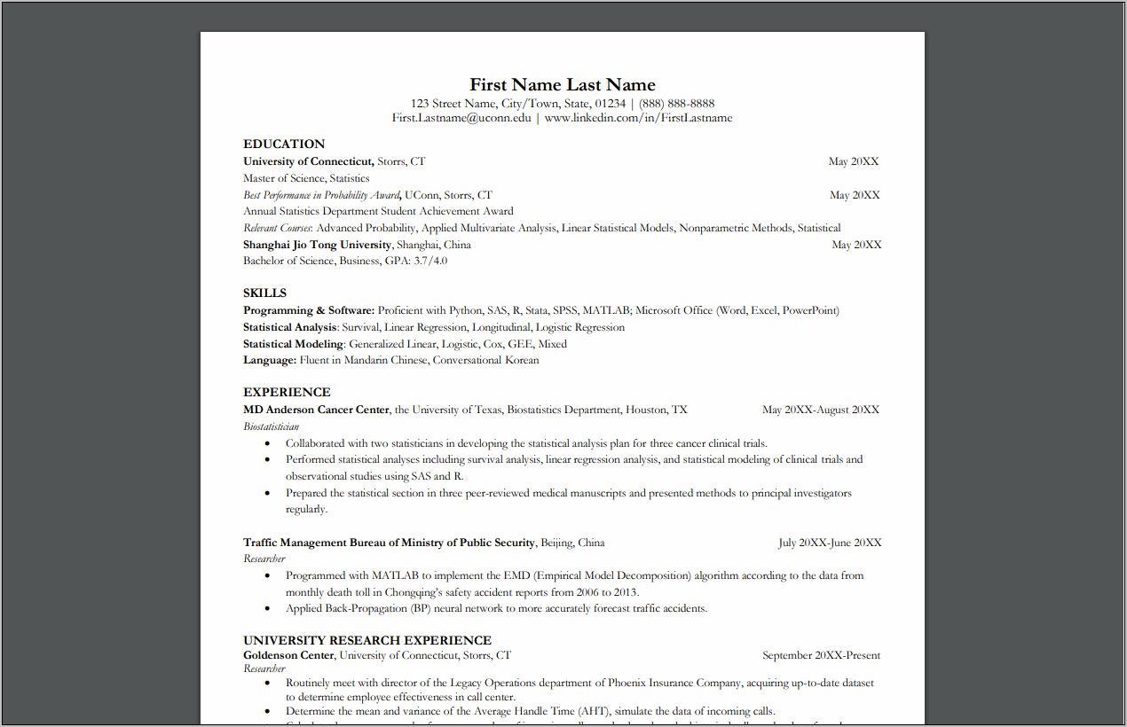 Example Resume For Research Statistician