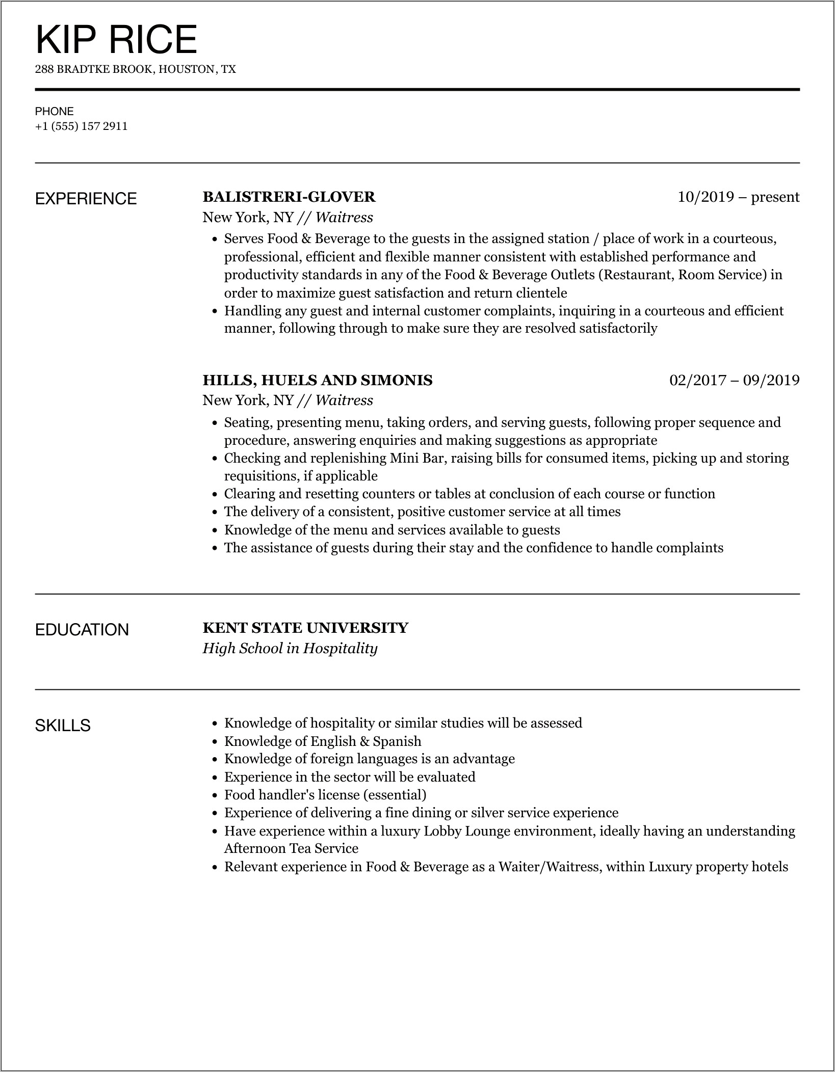 Example Resume For Restaurant Waitress