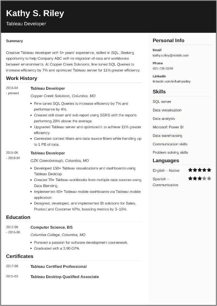 Example Resume For Sql Developer