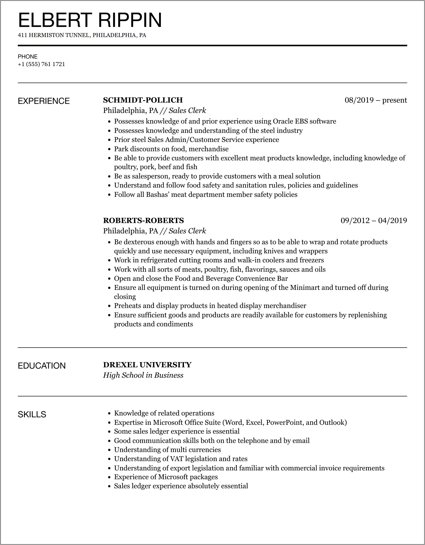 Example Resume For Store Clerk