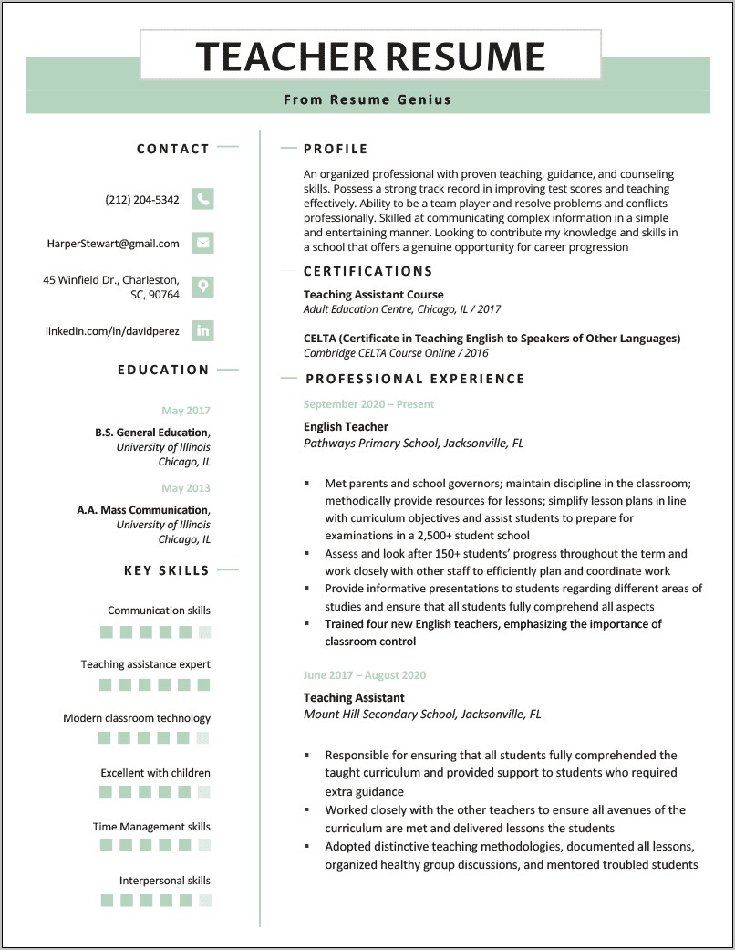 Example Resume For Teacher Position