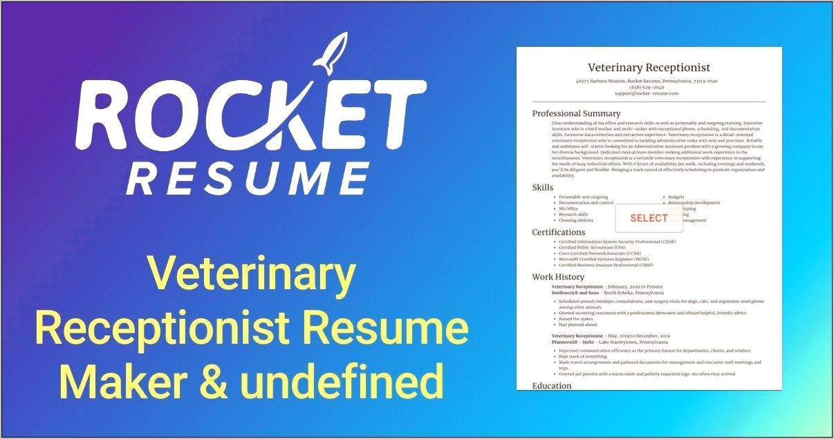 Example Resume For Veterinary Receptionist