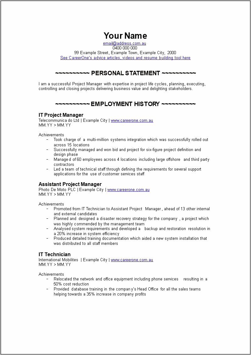 Example Resume It Project Manager