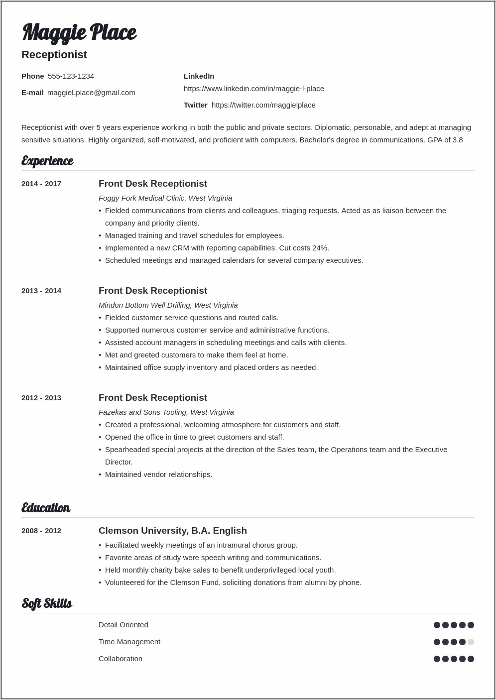 Example Resume Objectives For Receptionist