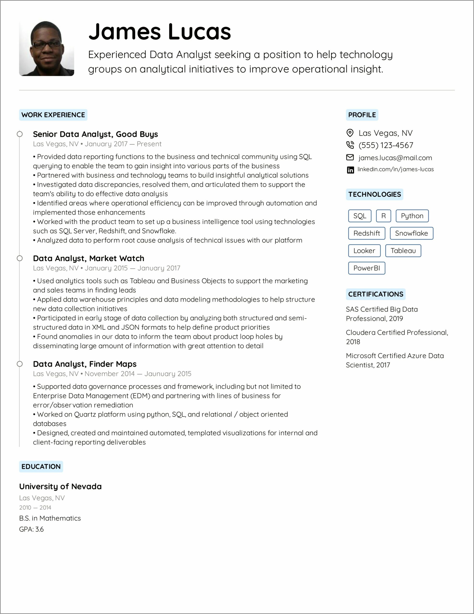 Example Resume Without Bullet Points