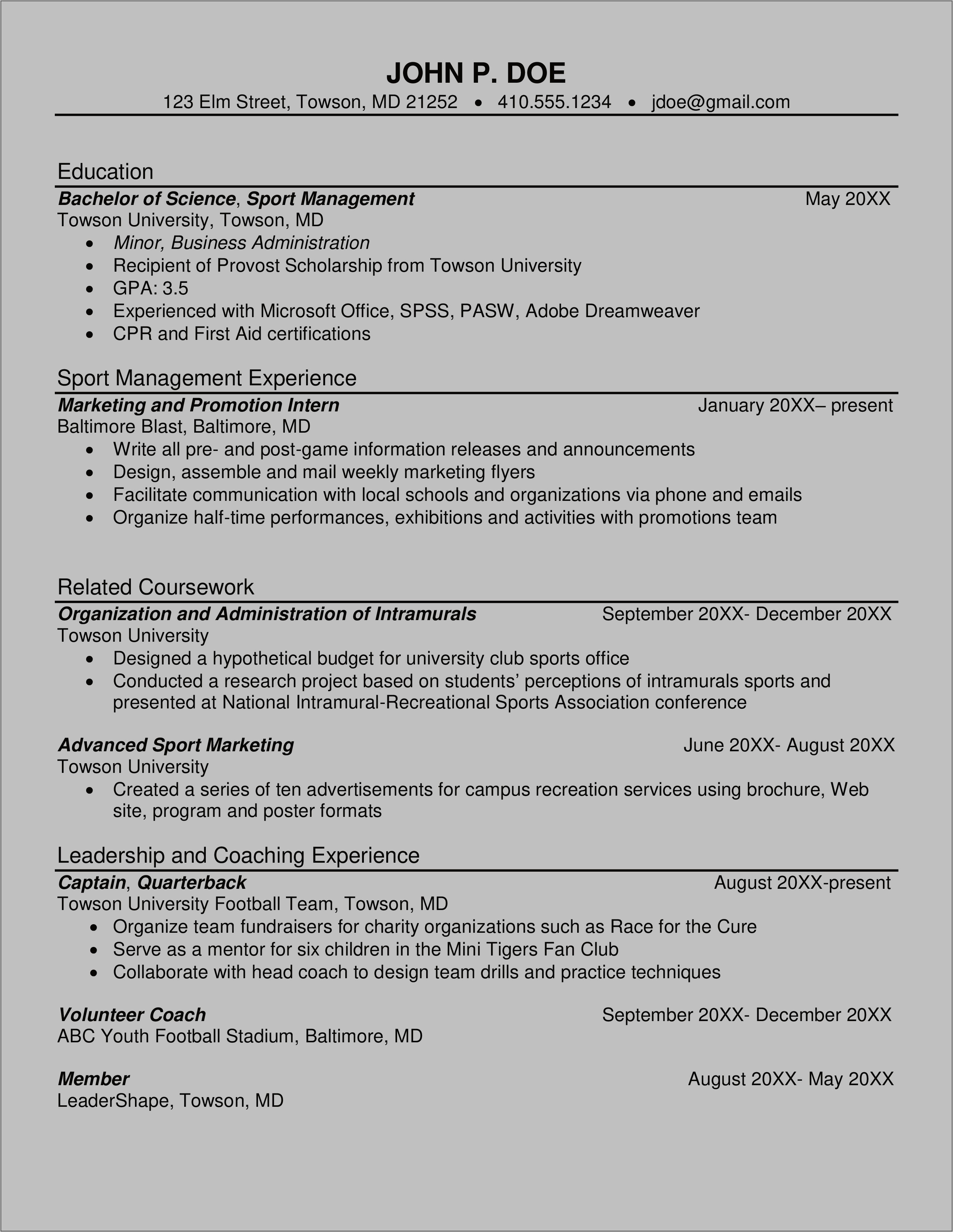 Example Senior Level Sport Resume