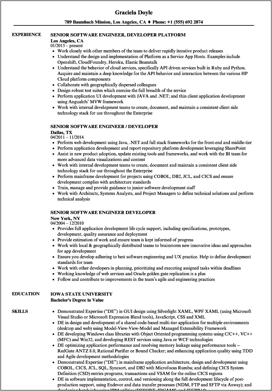 Example Senior Software Engineer Resume