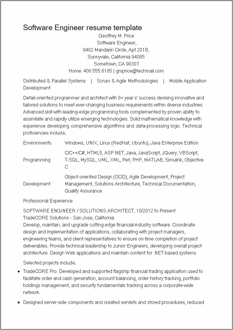 Examples For Software Engineer Resume
