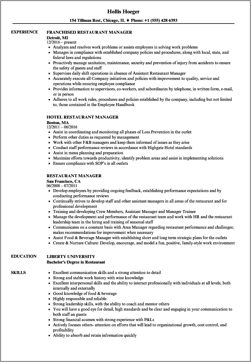 Examples Of A Restaurant Resume