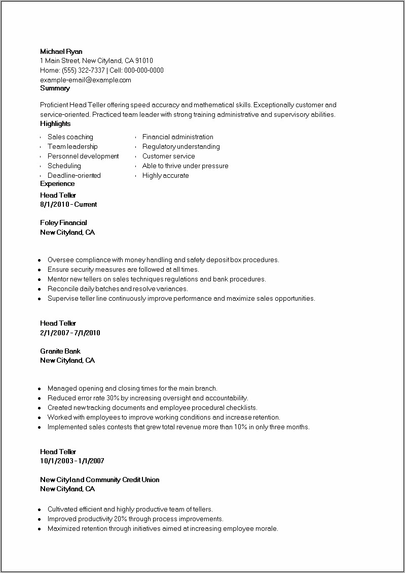 Examples Of A Teller Resume