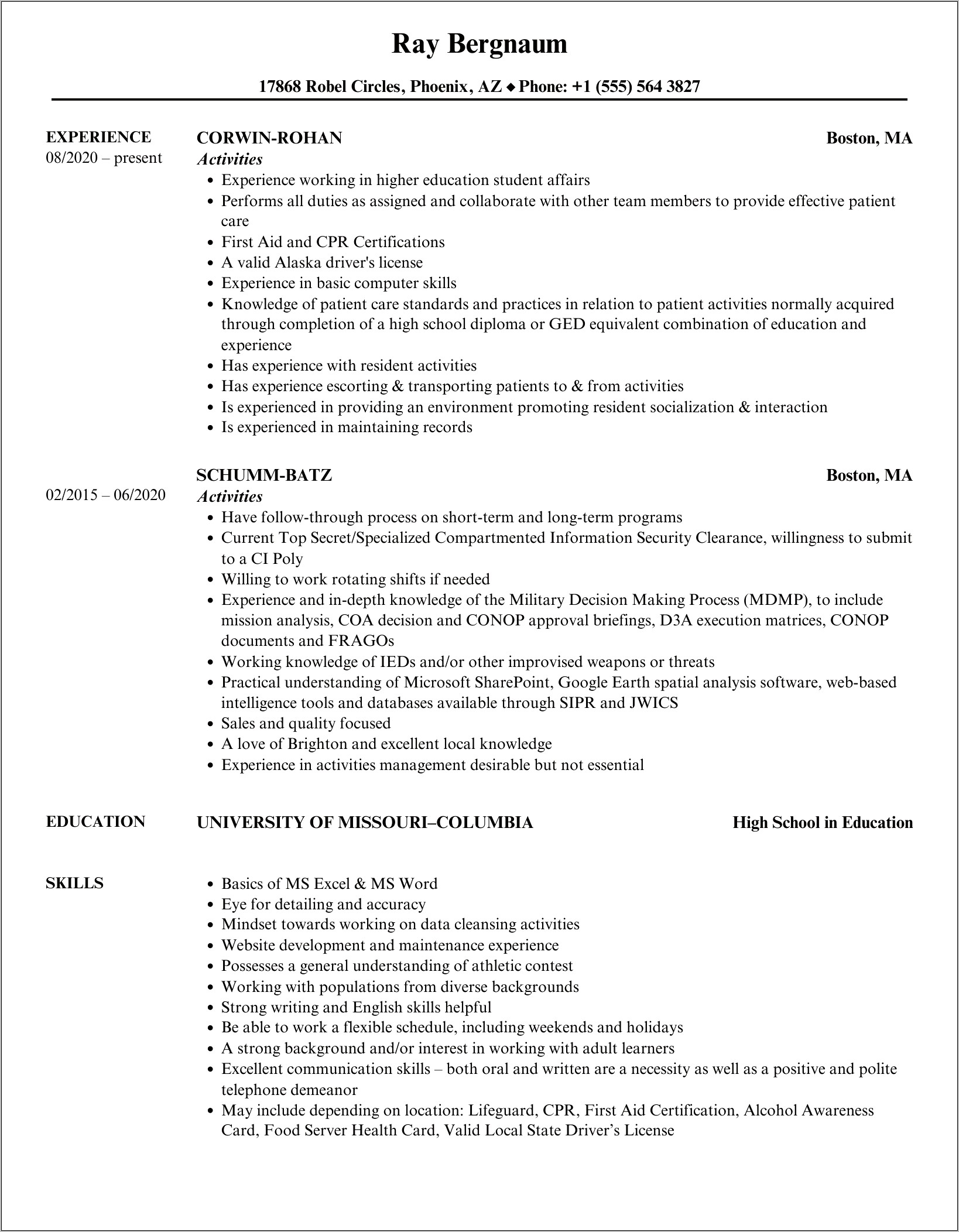 Examples Of Activities For Resume