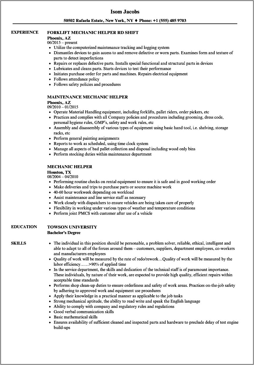 Examples Of Assistant Mechanic Resume