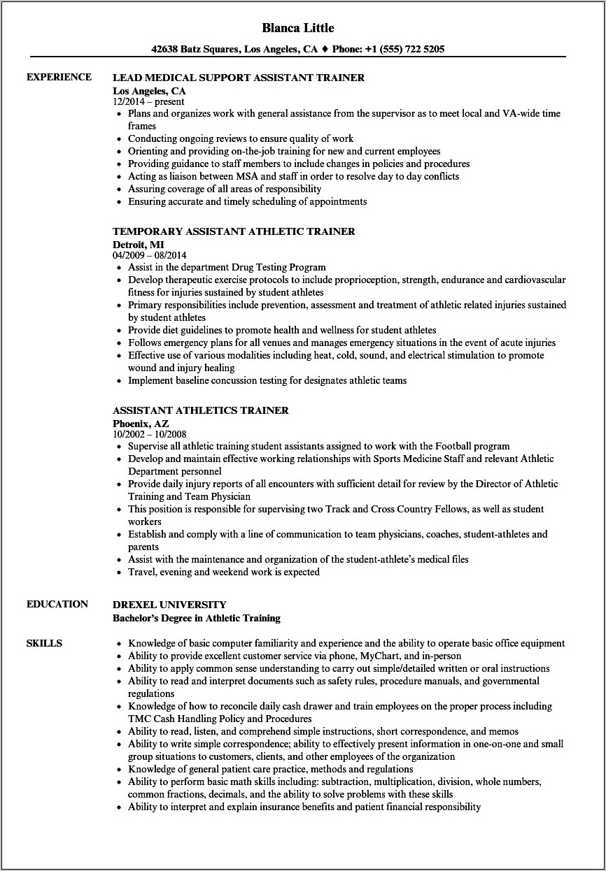 Examples Of Athletic Trainer Resumes