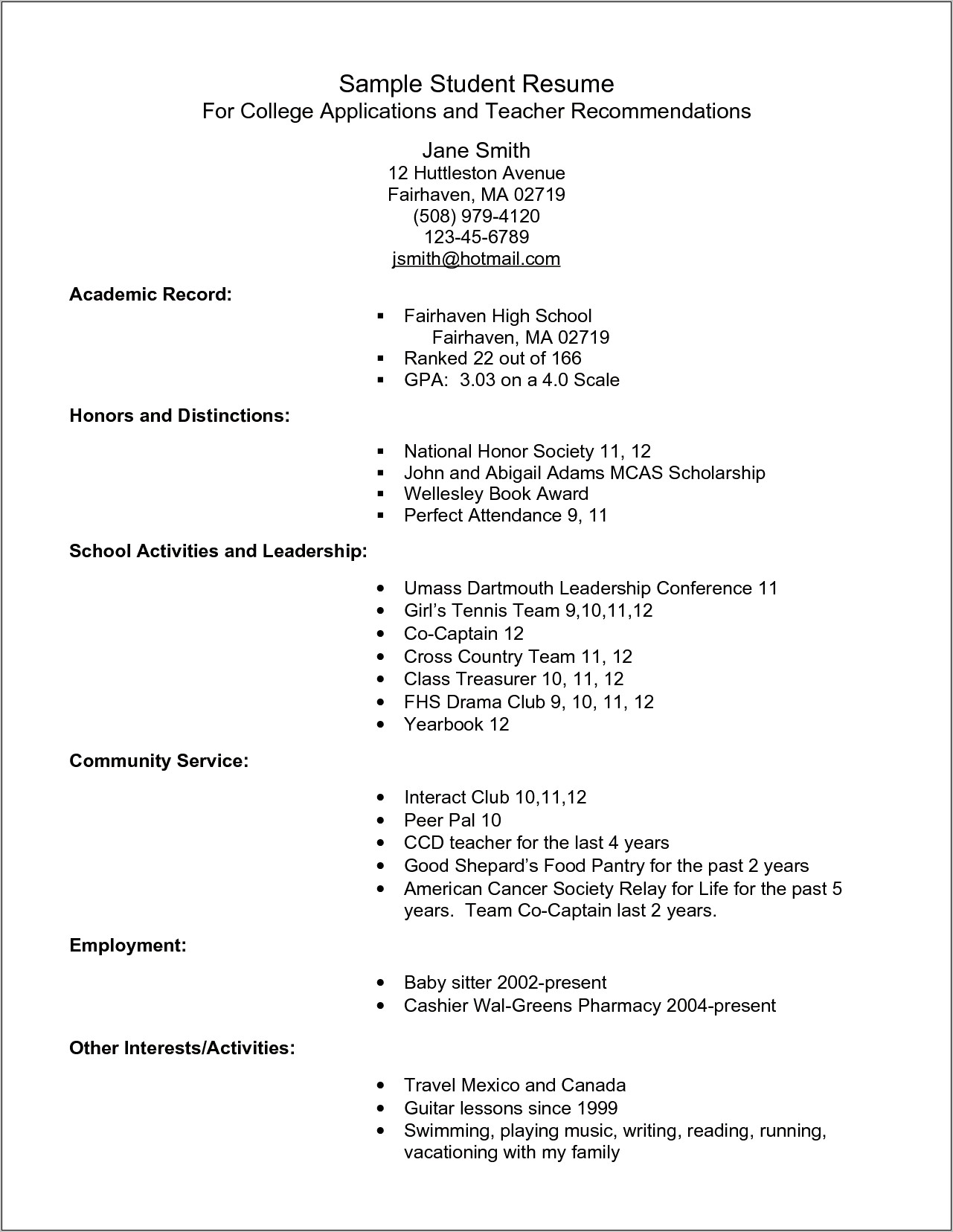 Examples Of College Application Resume