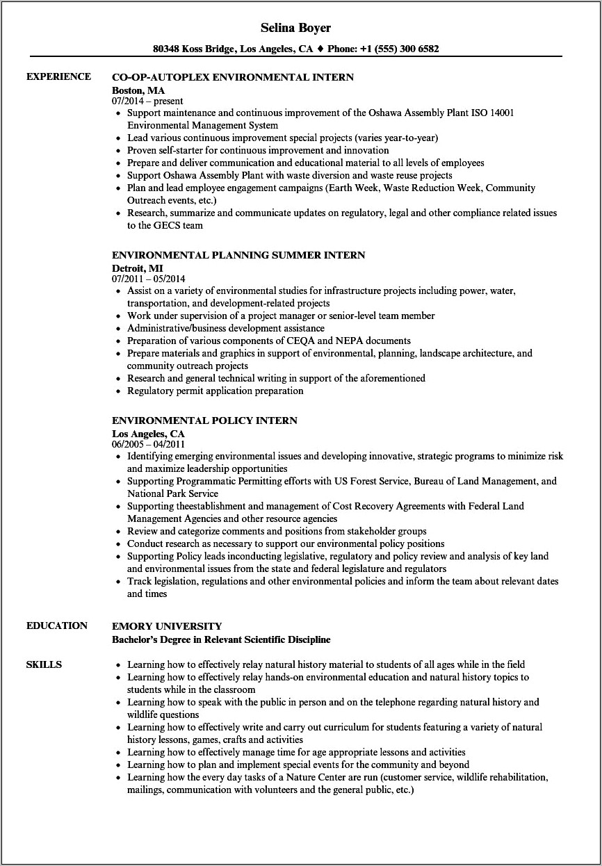 Examples Of Environmental Science Resumes