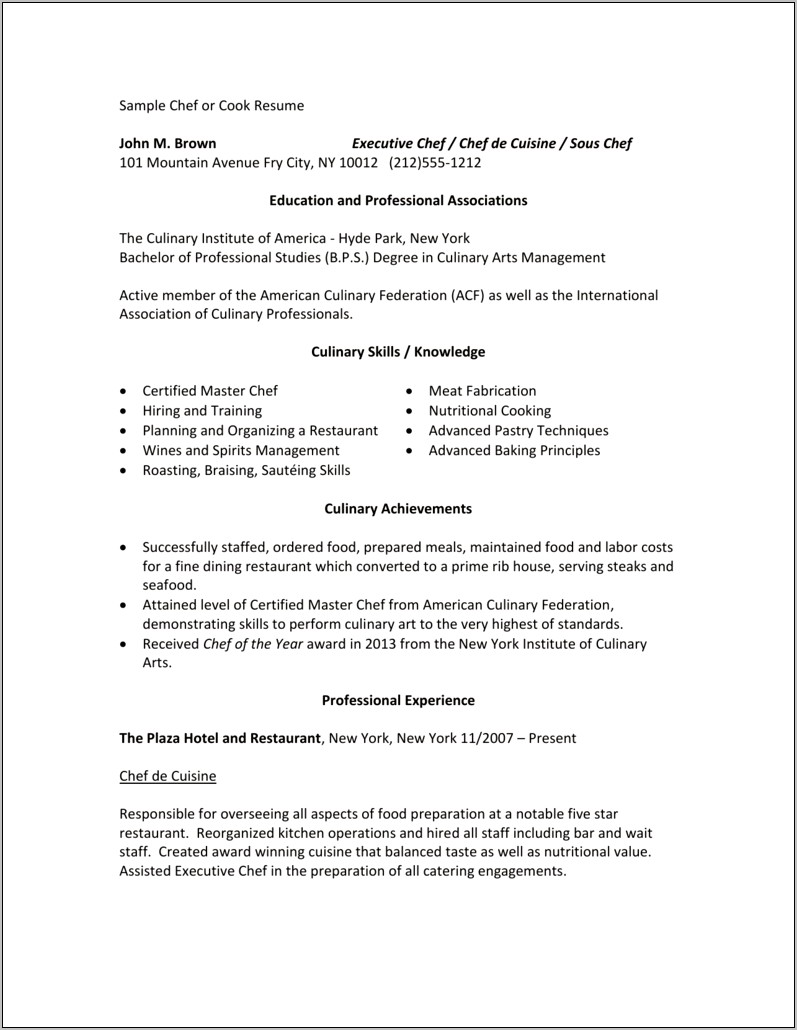 Examples Of Executive Chef Resumes