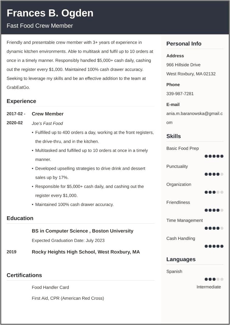 Examples Of Food Prep Resume