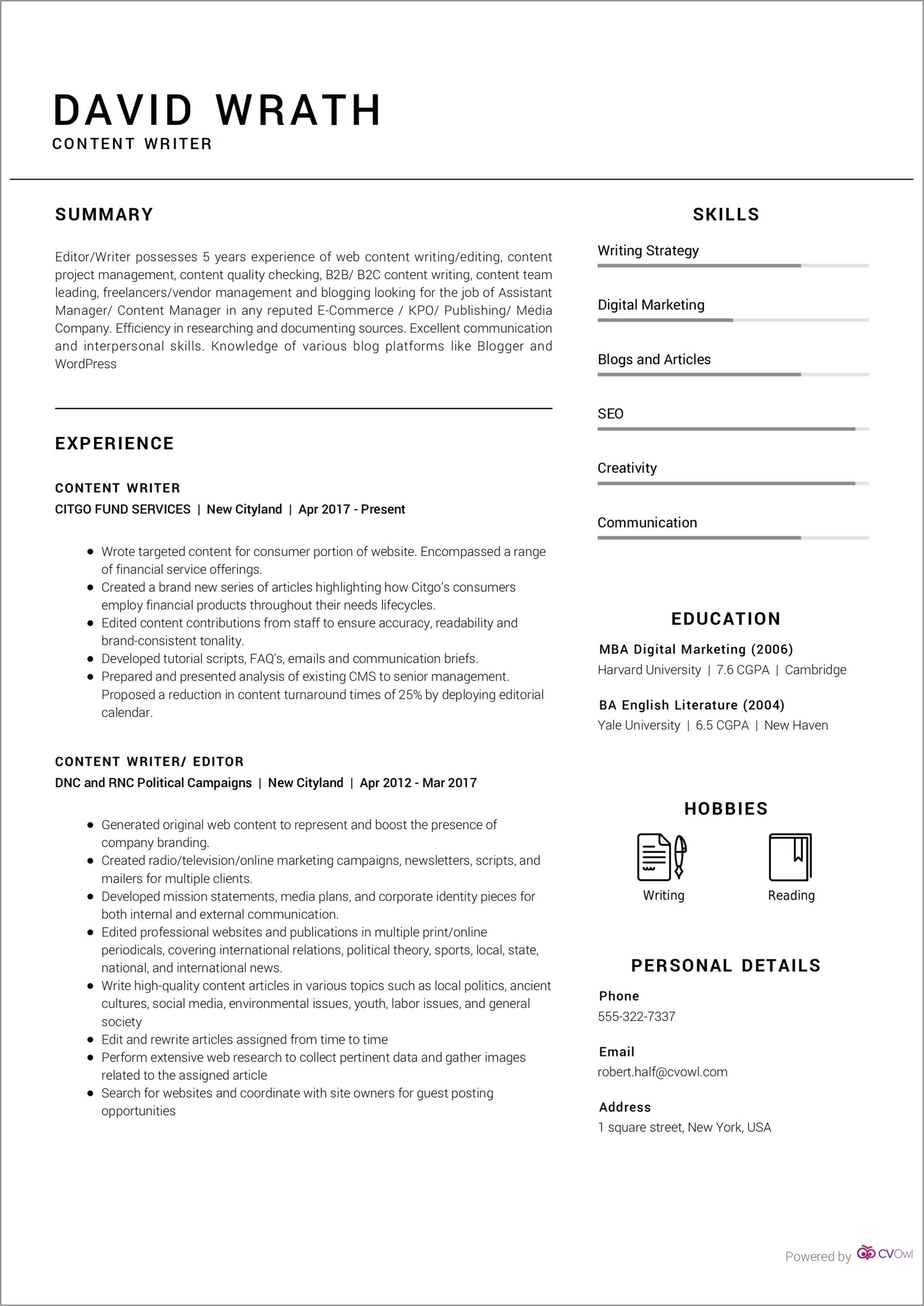 Examples Of Freelance Writing Resume