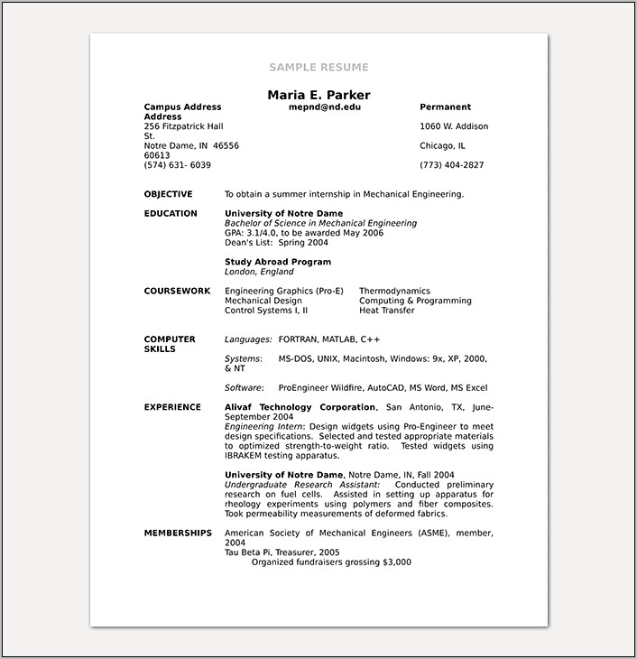 Examples Of Manufacturing Intern Resume