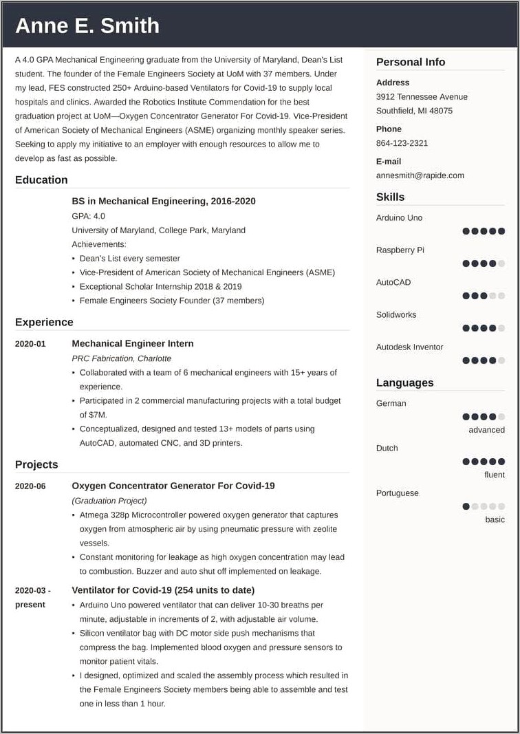 Examples Of Mechanical Engineer Resume