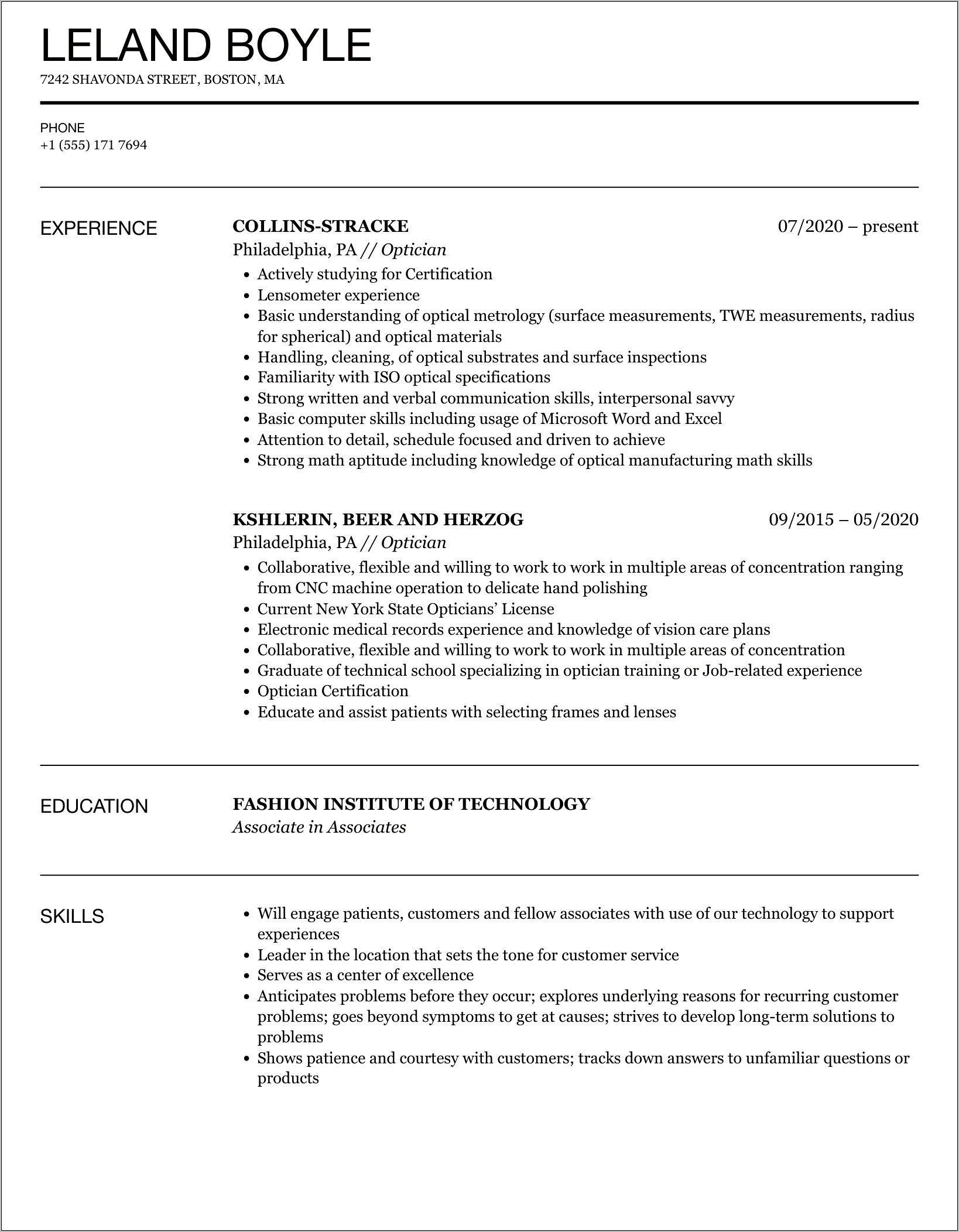 Examples Of Optical Technician Resume