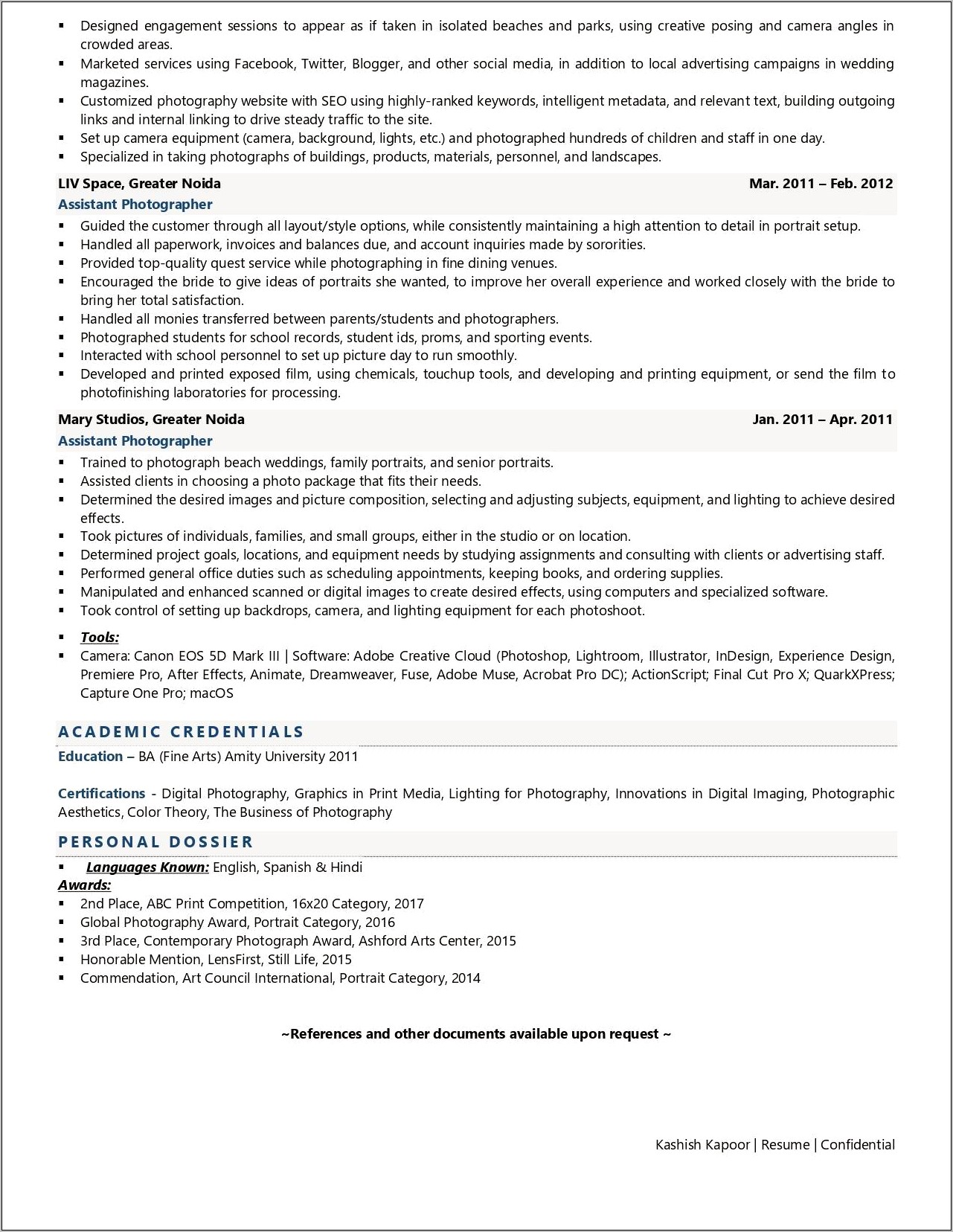 Examples Of Photographer's Resume