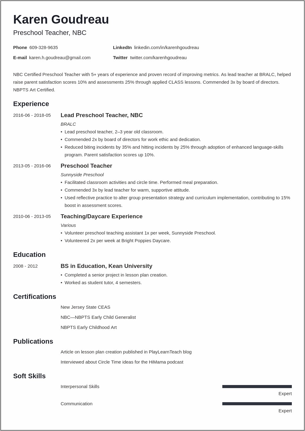 Examples Of Preschool Teachers Resumes