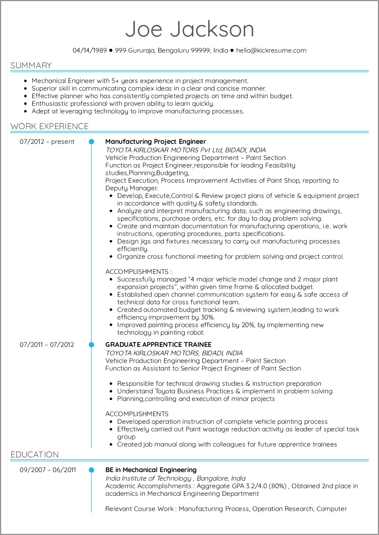 Examples Of Project Engineer Resume