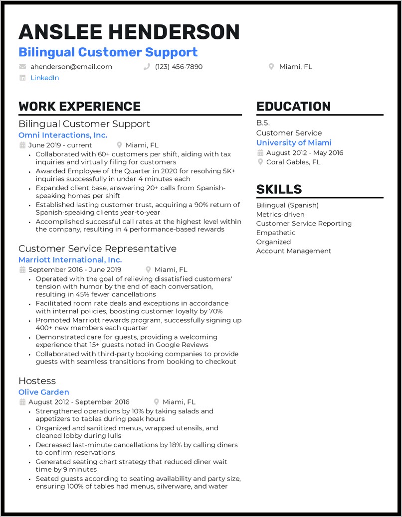 Examples Of Resume Customer Service