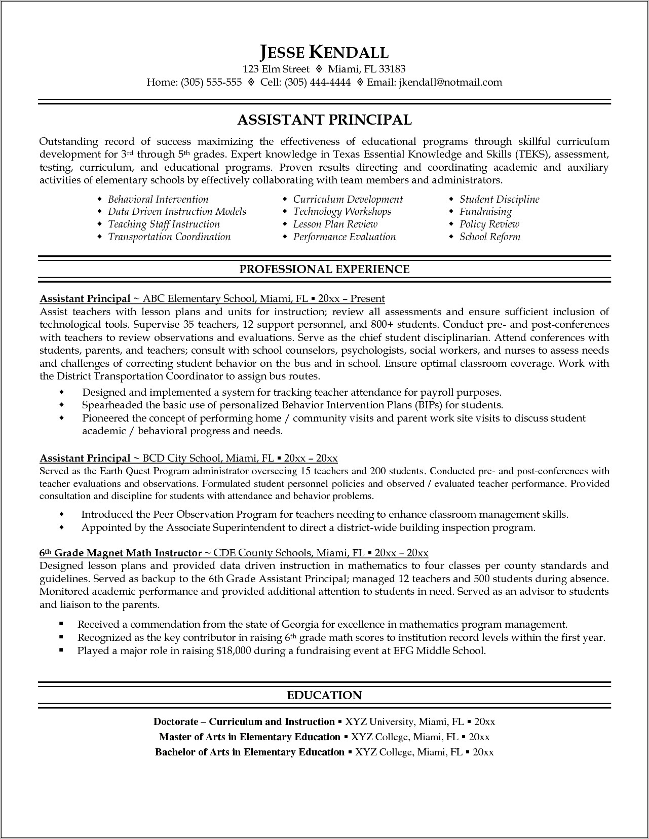 Examples Of Resume For Principal